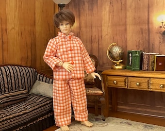 Checkered pajamas for a man doll. Miniature men's underwear. Shirt and pants. 1/12 scale. Dollhouse miniature