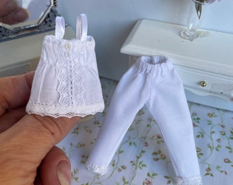 Miniature White Lace Pajamas, Dollhouse Underwear, Lingerie for Heidi Ott Dolls, Sleeping Pants and Blouse, 1/12