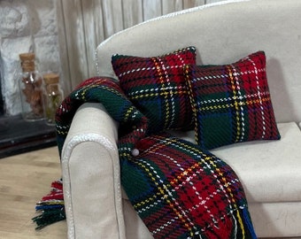 Miniature Scottish Tartan Blanket and Cushion Set, Dollhouse Pillows, 1:12 Scale Miniature Bedding