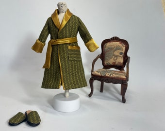 Robe for doll, gentleman's dressing gown, miniature men's robe, elegant green robe with tuxedo collar, dollhouse men's clothing