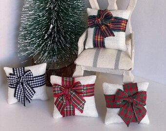 Miniature Christmas Pillow, Dollhouse Linen Cushion with Plaid Bow 1:12 scale