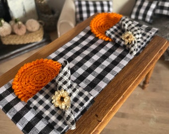 Dollhouse Buffalo Plaid Table Runner, Miniature Napkins and Crochet Placemats Set 1:12 scale, Fall Decoration