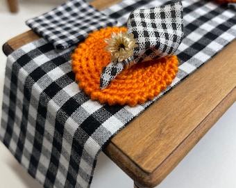 Miniature Dollhouse Buffalo Plaid Table Runner, Napkins and Crochet Placemats Set 1:12