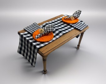 Miniature tablecloth and napkins, dollhouse table runner, fall decor, rustic buffalo plaid, miniature autumn dollhouse, Halloween 1/12 scale