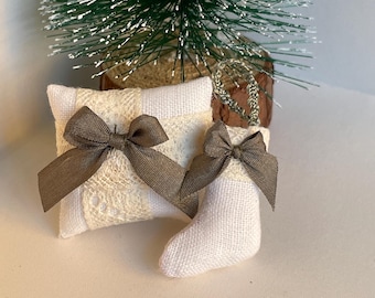 Miniature Christmas Stocking for the Fireplace, Matching Lace Pillow with Green Bow, 1:12 Scale Dollhouse Christmas Decor