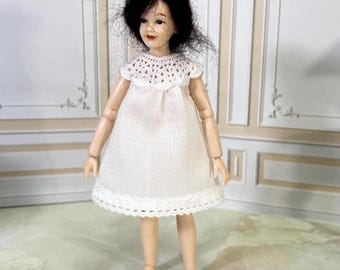 Miniature Nightgown Hand Sewn Crochet Collar – Dollhouse Sleepwear 1:12 scale