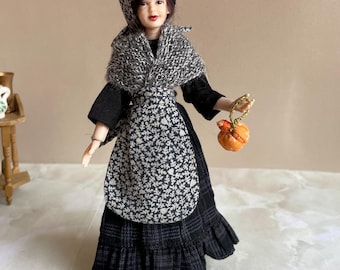 Rustic Dollhouse Witch Dress with Apron, Headscarf and Shawl, 1:12 Miniature Forest Witch Outfit, Handmade Doll Clothes,