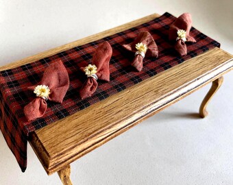 1:12 Scale Dollhouse Miniature Autumn Buffalo Plaid Table Runner Set with Napkins & Dried Flower Rings