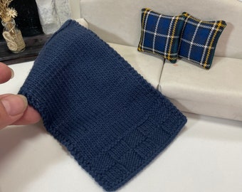 hand knitted miniature knitted blanket, navy blue blanket with plaid cushions, dollhouse blanket and cushions set, 1/12th scale.