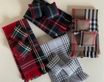 Miniature Scottish Tartan Blanket and Cushion Set, 1:12 Dollhouse Throw, Winter Sofa Decor