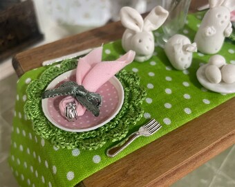 Miniature easter decoration, Dollhouse easter tablecloth, rabbit ears napkins, crocheted tablemat, pastel colors decor, easter ítems 1/12