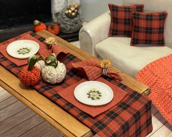 1/12 Dollhouse thanksgiving fall table, Miniature table decor, Buffalo check autumn table, Buffalo plaid tablecloth, Miniature Halloween