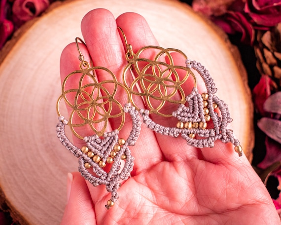 Handcrafted Macrame Earrings: Beige Seed of Life Brass Dangles