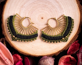 Handmade Macrame Brass Earrings: Green & Black Boho Jewelry