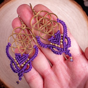 Purple Macrame Earrings with Brass Seed of Life | Sacred Geometry Boho Earrings Jewelry | Lightweight Gift for Women | Festival Jewelry