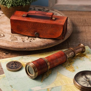 Personalized Nautical Vintage Brass & Leather Handheld Functional Telescope With Leather Case - Pirate Spyglass, Sailor Gift, Gift for Dad