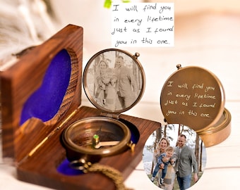 彼への記念日の贈り物、銅製のパーソナライズされた彫刻入りコンパス、カップル向けのユニークなギフトアイデア、写真が彫刻されたコンパス、銅色のコンパス