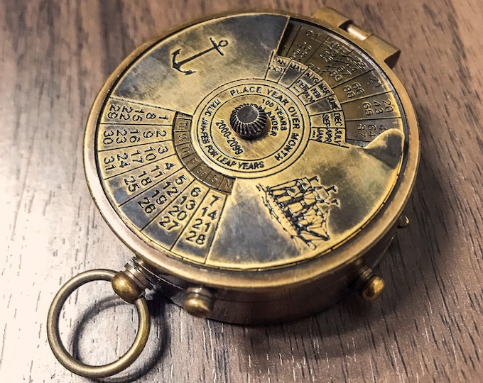 Featured listing image: Personalized Antique Vintage Nautical Compass / 100 Years Calendar / Custom Engraving / With Leather Case Gift
