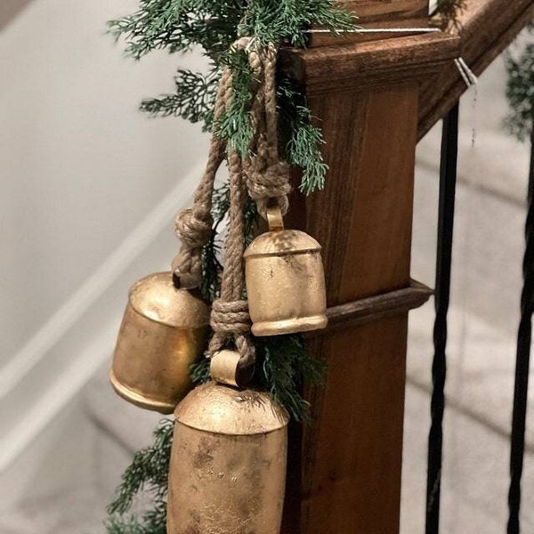 Juego de 3 campanas de vaca de armonía grandes, regalo perfecto para Navidad, campanas de Navidad rústicas de la suerte hechas a mano, vintage, grandes con cuerda