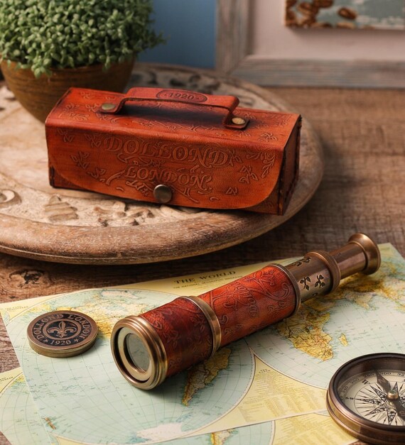 Vintage Nautical Brass & Leather Spyglass – 15x Magnification, Collapsible Tube, Shoulder Strap Included