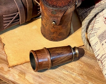 Antique Wood Pocket Telescope With Leather Case, Groomsmen Gift, Husband Gift, Boyfriend Gift, Special Gift, Anniversary Gift, Gift For Him
