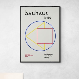 Può includere: Un poster con il titolo "Bauhaus: the abc's of A". Il poster presenta un design geometrico con un cerchio, un quadrato e un triangolo in blu, giallo e rosso. Il testo "the bauhaus and design theory" è in fondo al poster.