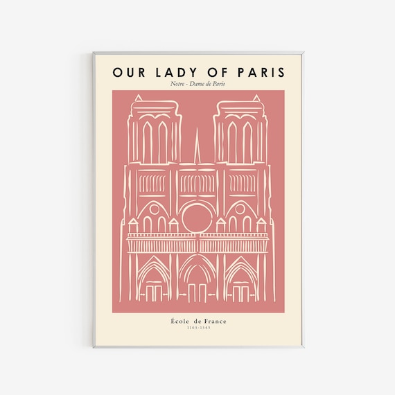 Notre Dame Paris Print: Victor Hugo, Pink Beige Oneline Drawing (Digital Download)