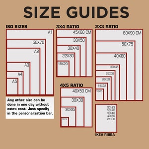 May include: A chart showing different sizes for prints, with measurements in centimeters. The chart is divided into three sections: ISO Sizes, 3x4 Ratio, and 2x3 Ratio. The ISO Sizes section shows the sizes A1, A2, A3, A4, and A5. The 3x4 Ratio section shows the sizes 45x60 cm, 38x50 cm, 30x40 cm, 22x30 cm, and 15x20 cm. The 2x3 Ratio section shows the sizes 60x90 cm, 50x75 cm, 40x60 cm, 30x45 cm, 25x38 cm, 20x30 cm, 15x22 cm, and 10x15 cm.
