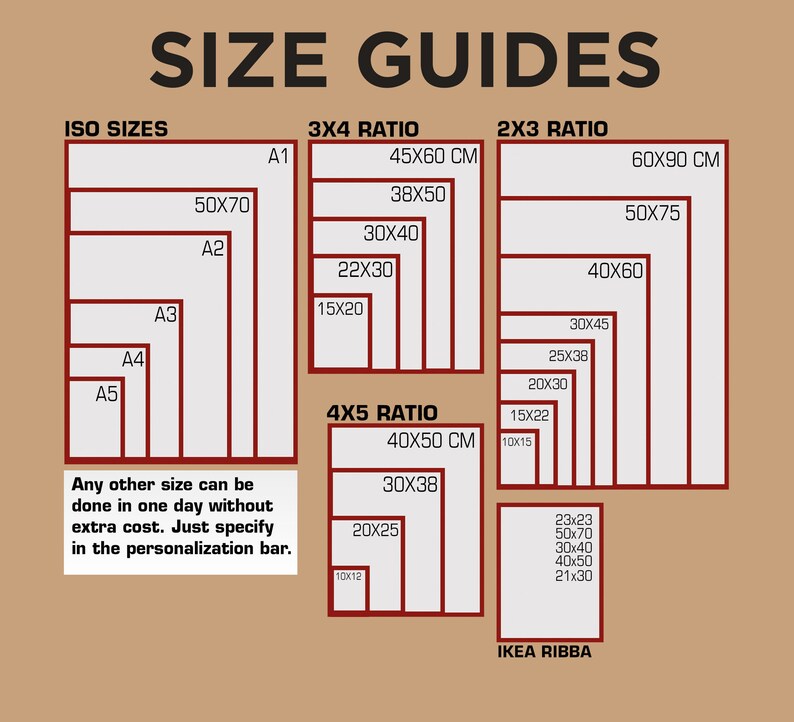 May include: A chart showing different sizes for prints, with measurements in centimeters. The chart is divided into three sections: ISO Sizes, 3x4 Ratio, and 2x3 Ratio. The ISO Sizes section shows the sizes A1, A2, A3, A4, and A5. The 3x4 Ratio section shows the sizes 45x60 cm, 38x50 cm, 30x40 cm, 22x30 cm, and 15x20 cm. The 2x3 Ratio section shows the sizes 60x90 cm, 50x75 cm, 40x60 cm, 30x45 cm, 25x38 cm, 20x30 cm, 15x22 cm, and 10x15 cm.