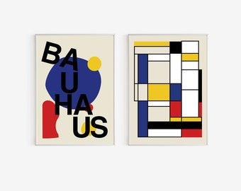 Bauhaus Set of 2 -  Primary Colors Geometric Pattern Fabric - Mondrian Fabric - Bauhaus Style Lines Home Decor - Bauhaus Exhibition Poster