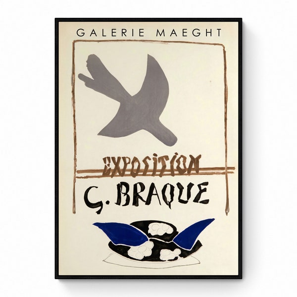 Exposition Braque- Georges Braque - Affiche d'exposition lithographique - Oiseau abstrait - Décoration d'intérieur vintage - Intérieur bleu beige - Milieu du siècle