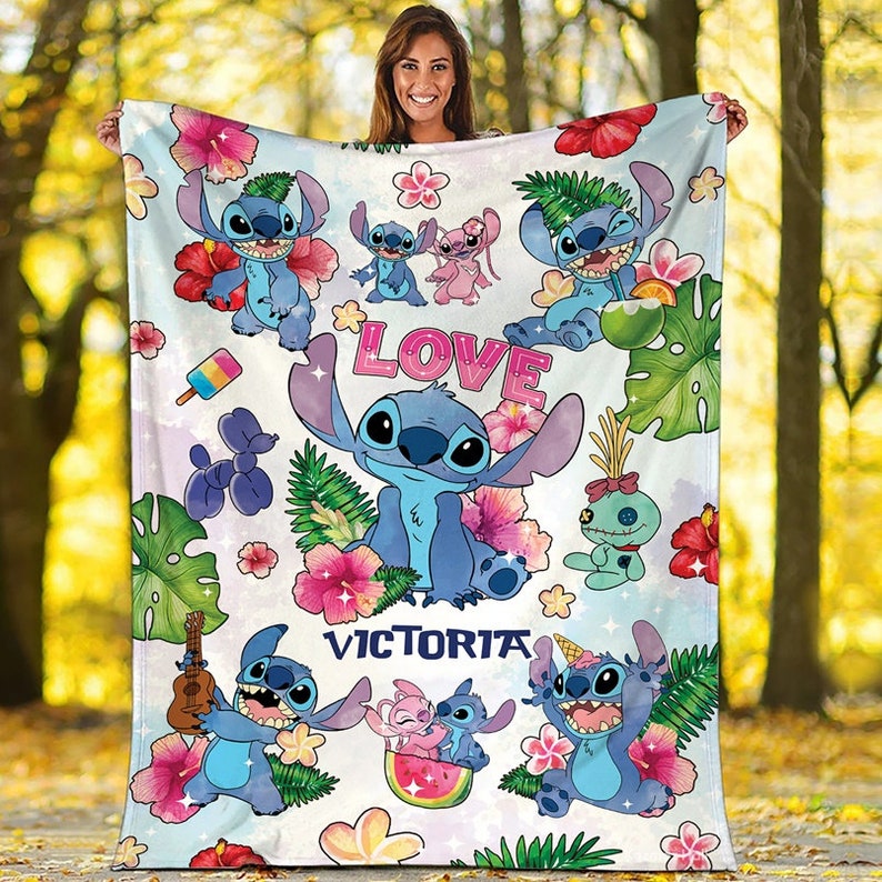 Personalized Watercolor Disneyland Stitch Blanket, Disneyland Lilo and