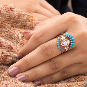 3 Pcs Modern Vintage Mix Theme 14k Solid Gold Ring Set Marquise Moissanite Engagement Ring + Turquoise Wedding Band + Turquoise Stack Ring