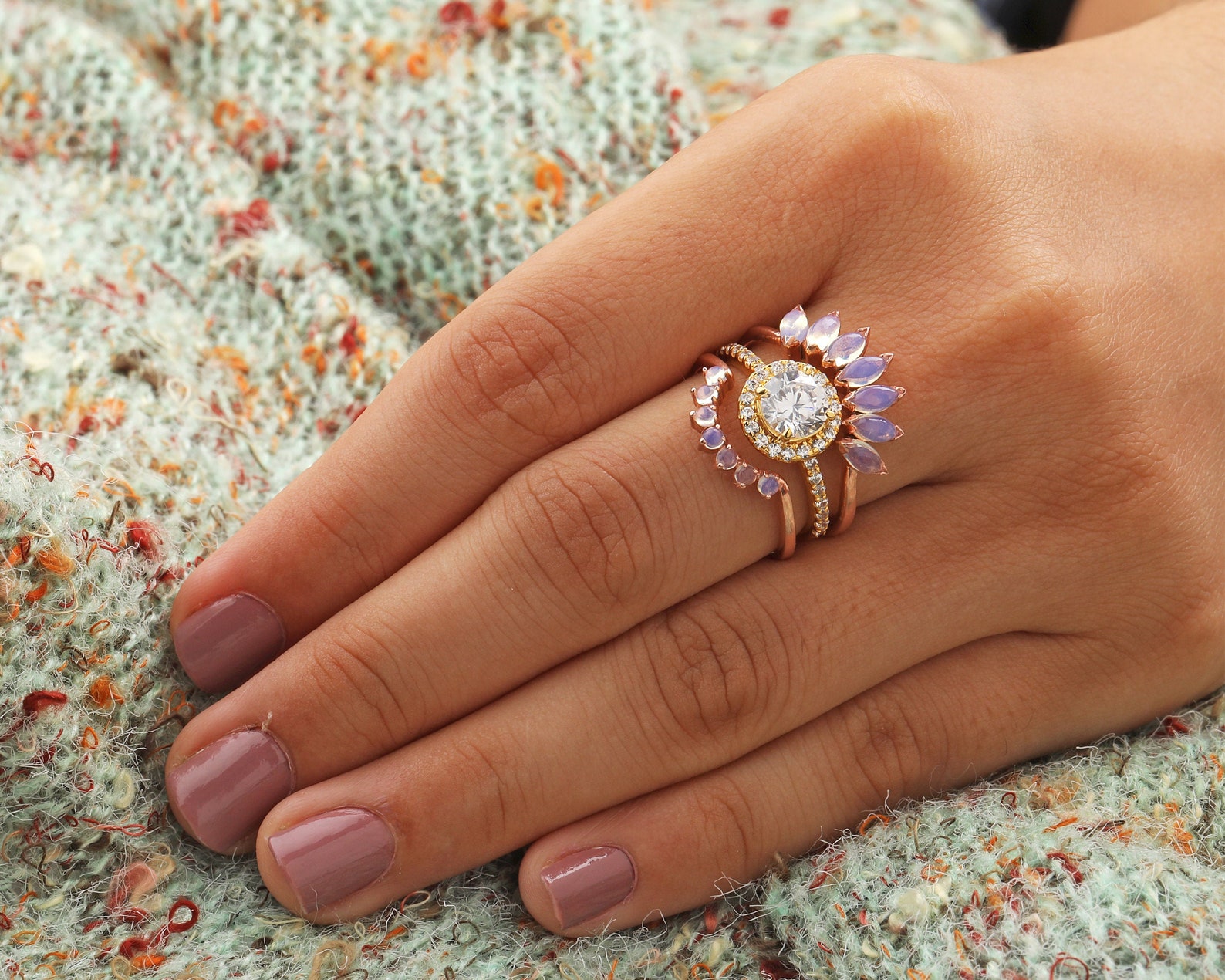 Hippie Engagement Ring Set Solitaire Moissanite Engagement Etsy