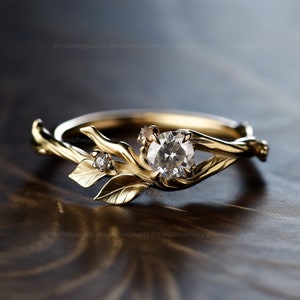 leaf ring - nature inspire ring - floral engagement ring - moissanite diamond ring - minimalist ring - lab grown diamond ring - gift for her