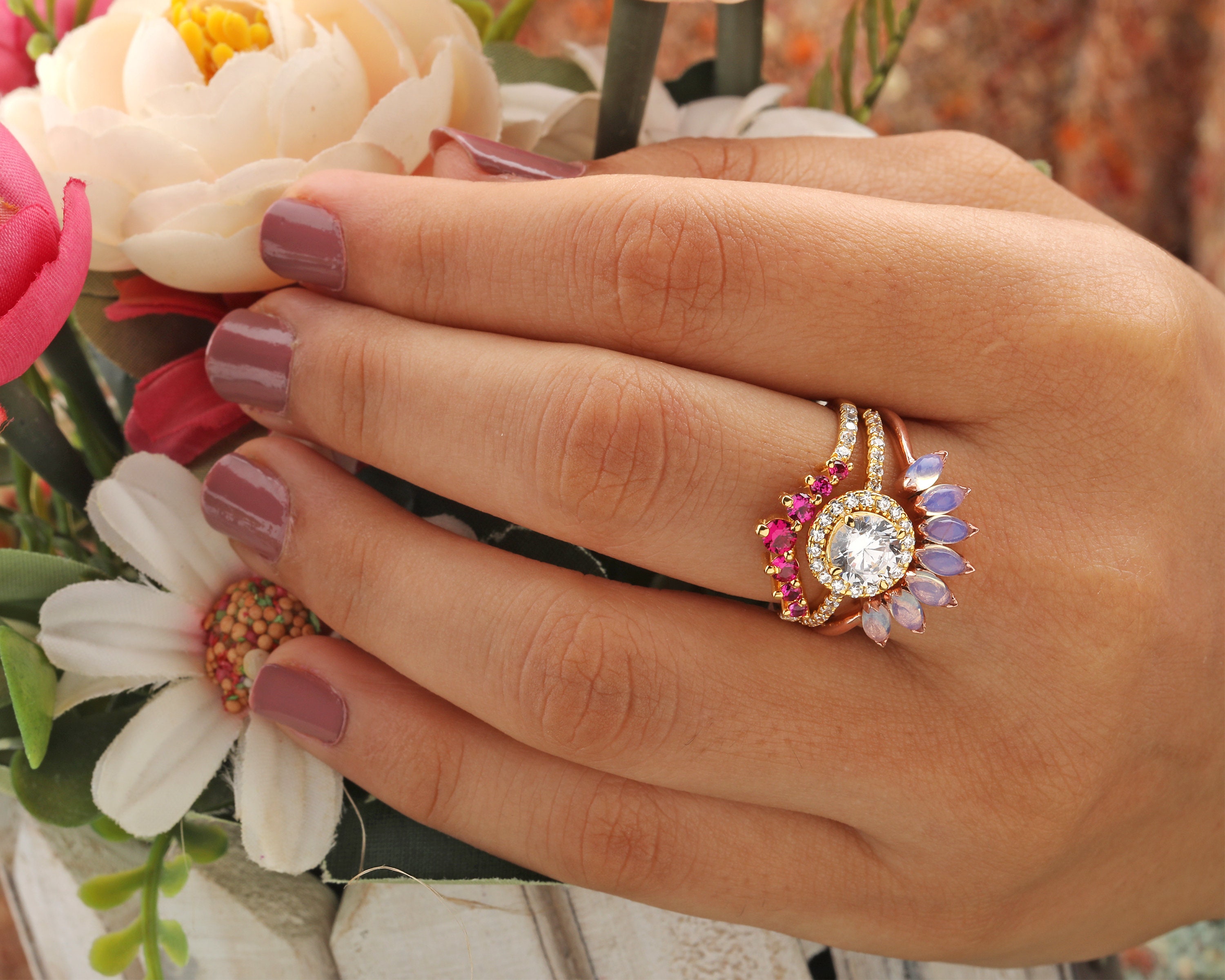 Hippie engagement ring set solitaire moissanite engagement Etsy