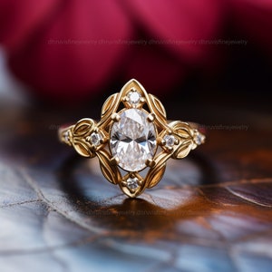 oval diamond engagement gold ring leaf diamond gold ring art deco engagement ring pattern diamond ring lab grown diamond ring gift for her