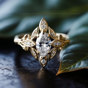 marquise cut lab grown diamond ring - marquise moissanite engagement ring - art deco engagement ring - solid gold ring - floral gold ring