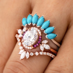 1.33 carat oval Cut moissanite Halo diamond alternative engagement ring set Turquoise stacking ring marquise diamond matching ring 14k gold