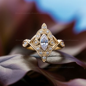 marquise cut lab grown diamond engagement ring - marquise moissanite diamond engagement ring - art deco engagement ring - solid gold ring
