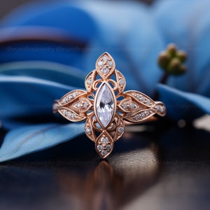 marquise diamond engagement ring - pattern engagement ring - solid gold engagement ring - lab grown diamond ring - wedding anniversary ring