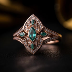 Natur inspirierter Verlobungsring - Art Deco Verlobungsring im Vintage Stil - massiv Gold Smaragd und Diamant Verlobungsring - maßgeschneidert