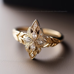 marquise cut lab grown diamond ring - marquise moissanite engagement ring - art deco engagement ring - solid gold ring - pattern gold ring