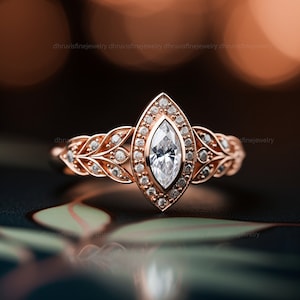 marquise moissanite engagement ring - marquise cut lab grown diamond engagement ring - art deco engagement ring - solid gold ring