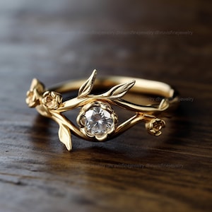 twig and leaf engagement ring - nature inspire ring - minimalist gold ring - moissanite diamond ring - lab grown diamond ring - gift for her