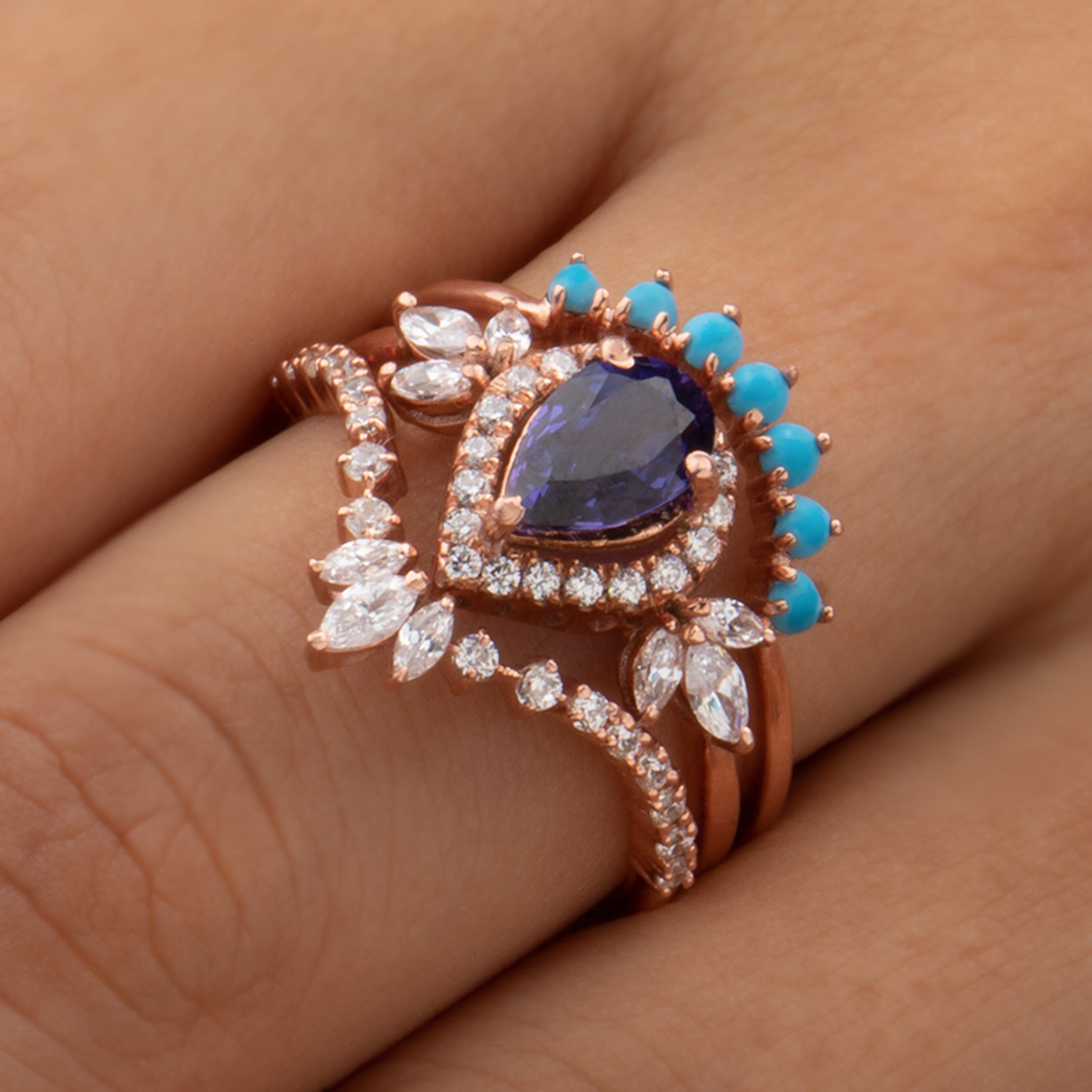 Pear Shape Alexandrite Alternative Halo Engagement Ring Set 14k Solid ...