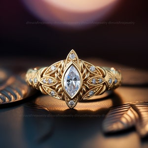 art deco engagement ring - marquise moissanite engagement ring - marquise cut lab grown diamond engagement ring - solid gold ring