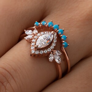 1.26 Carat Marquise Cut Moissanite Diamond Alternative Engagement Ring Set 14K Rose gold Turquoise wedding band set Vintage 2 pcs bridal set
