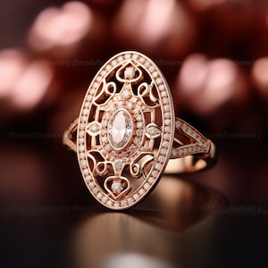 Art deco engagement rose gold ring, Lab grown diamond ring, CVD diamond ring, Nature inspired ring, Art nouveau ring, Engagement gold ring