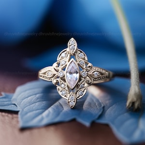 Art nouveau ring, Lab grown diamond ring, Marquise diamond ring, Art deco engagement ring, Nature inspired ring, Vintage gold ring